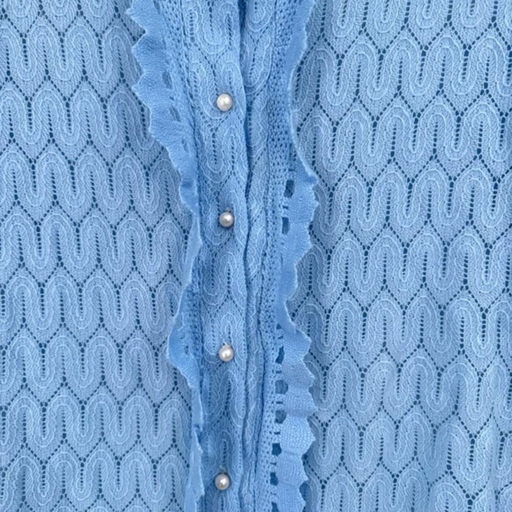 Vintage 70s Blue Open Knit Cardigan Womens M Lace Coquette Pastel Feminine Cute - Picture 3 of 8